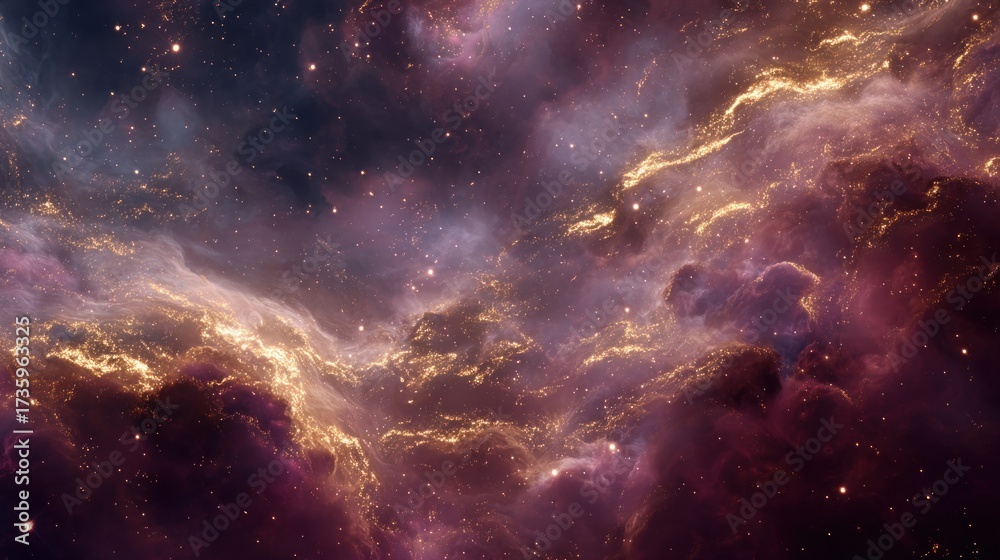 Fototapeta premium Luxury cosmic storm background, vibrant swirling nebula with golden highlights and deep crimson tones, dramatic lightning across interstellar clouds, cinematic ultra-detailed textures, glowing star.