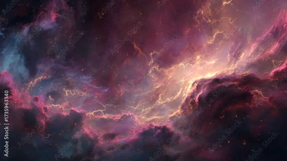 Naklejka premium Luxury cosmic storm background, vibrant swirling nebula with golden highlights and deep crimson tones, dramatic lightning across interstellar clouds, cinematic ultra-detailed textures, glowing star.