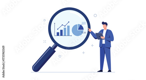 Business analysis illustration with a man presenting data using a magnifying glass to examine charts and graphs vector design for presentations and infographics