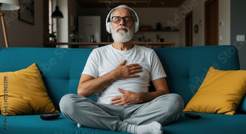 Calm senior man meditating with wireless headphones on a blue sofa in a modern living room