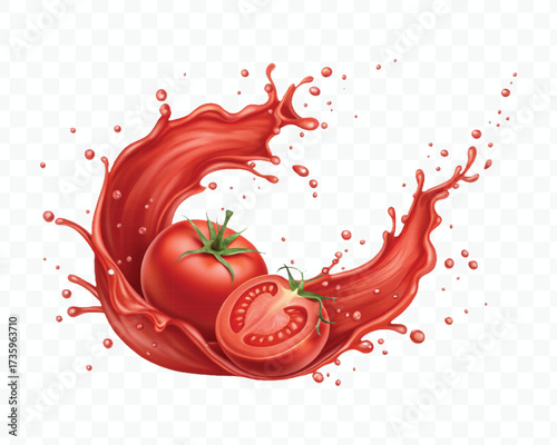 realistic 3d red tomato juice or ketchup sauce splashes in different style isolated on transparent background