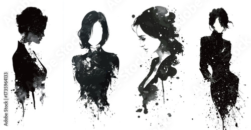 Four graceful silhouettes of women are portrayed in stylish poses, showcasing unique fashion styles.