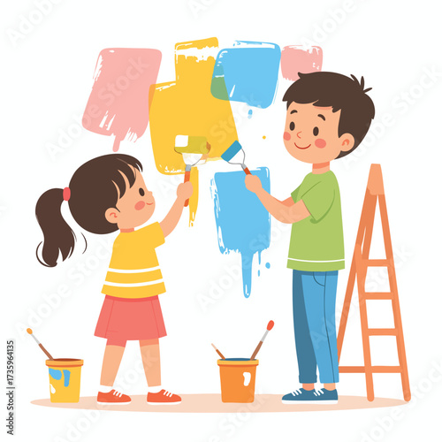 Two children happily painting a wall with various colors, using rollers and brushes.