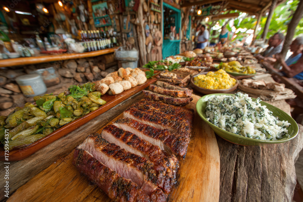 Obraz premium a vibrant table is filled with a variety of delicious dishes including grilled meats, vegetables, and sides, set in a rustic outdoor setting with people enjoying a meal