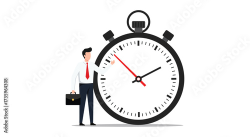 Businessman pointing at a large stopwatch flat vector illustration for time management and deadline concepts isolated on white background