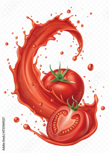 realistic 3d red tomato juice or ketchup sauce splashes in different style isolated on transparent background