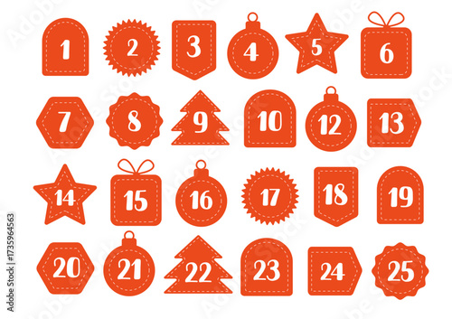Red advent calendar numbers 1 to 25 in Christmas-themed shapes and stitched style