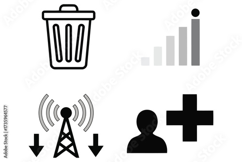 Vector art of collection of essential interface icons featuring a trash can, signal strength indicator, antenna tower with arrows, and an add user icon