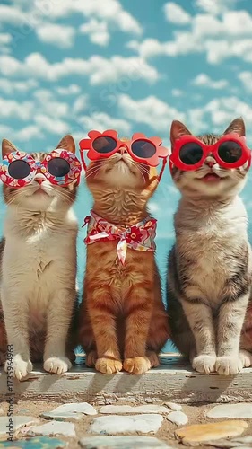 Three Funny Cats Wearing Sunglasses Under Blue Sky – Summer Pets Concept