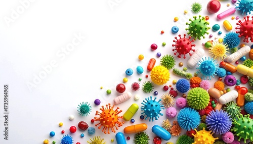 A vibrant assortment of plastic toys in various shapes and sizes, including cars, animals, and building blocks, scattered atop a clean white surface.