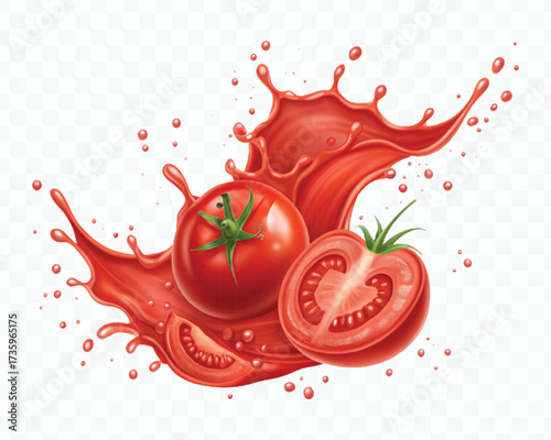 realistic 3d red tomato juice or ketchup sauce splashes in different style isolated on transparent background