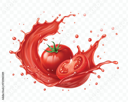 realistic 3d red tomato juice or ketchup sauce splashes in different style isolated on transparent background