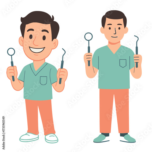 Two friendly cartoon male dentists in scrubs stand confidently, holding essential dental examination tools, ready to provide professional oral care.