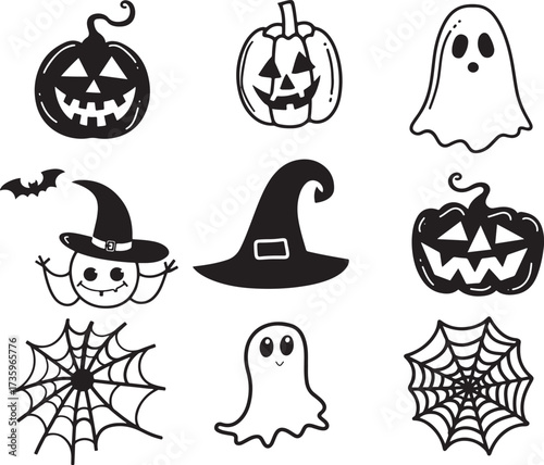 set of black vector drawing of halloween characters, pumpkin, ghost