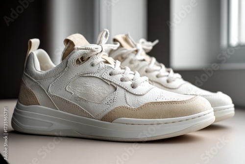 Cream-colored sneakers on light beige surface