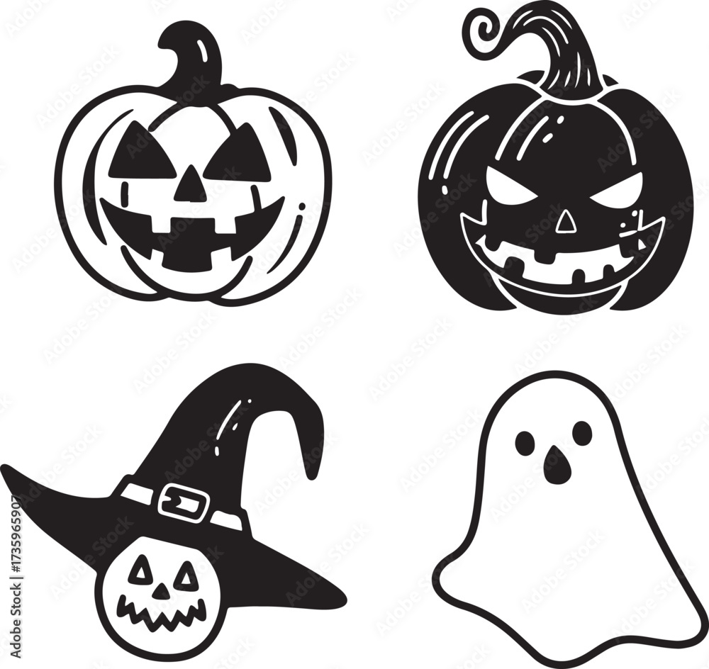 Fototapeta premium set of black vector drawing of halloween characters, pumpkin, ghost