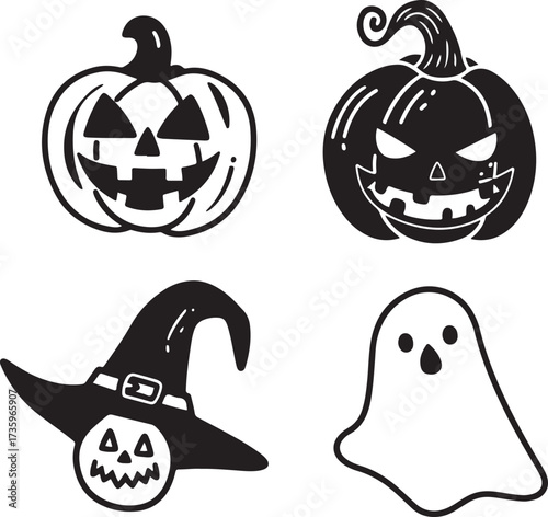 set of black vector drawing of halloween characters, pumpkin, ghost