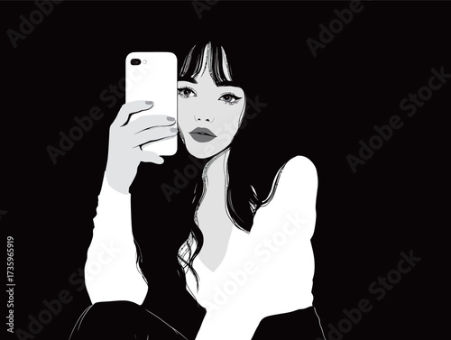 A young woman sits with long hair, holding a smartphone in one hand while posing for a selfie. She wears a white top, showcasing a confident expression.