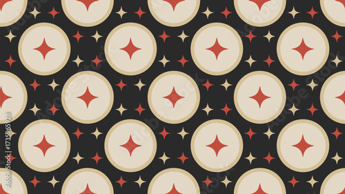 Pattern with circles containing red diamonds and small stars on a dark background in a repeating design