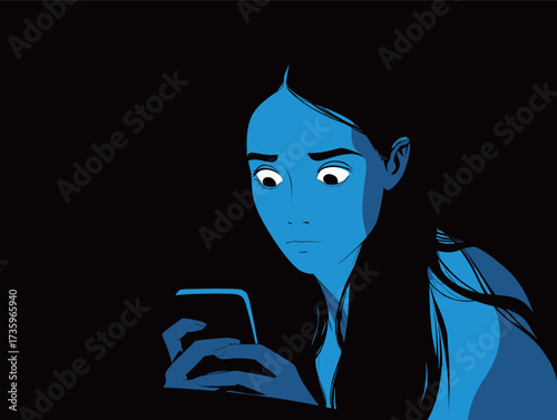 A young woman stares intently at her phone, her face illuminated by the screen in a dark environment. She appears anxious and deep in thought.