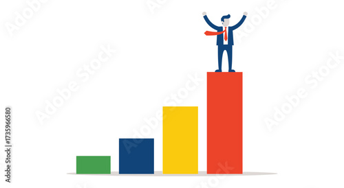 Businessman standing on the highest bar graph vector illustration of career growth and success isolated on white background