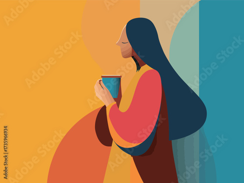In a calm setting, a woman with long hair savors a warm drink, lost in thought. The vibrant background adds energy to the moment of tranquility and contemplation.