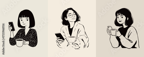 Three women are depicted in a cozy setting, each relaxed with a smartphone or coffee cup. They convey a sense of comfort and connection during their leisure time.