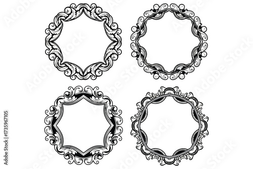 Vector art of set of four decorative vintage frames ornate circular borders with floral and scroll details for elegant design projects and creative embellishments