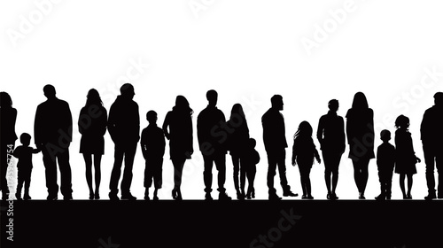 A collection of silhouettes shows men, women, and children standing close together, creating a sense of unity and diversity against the bright background.