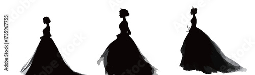 Three elegant women in black dresses appear in silhouette, each displaying different styles and poses, creating a striking visual contrast against the light background.