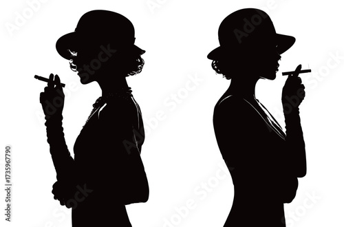 Two women are seen in silhouette, dressed elegantly with hats and gloves. They hold cigarettes while standing in profile, creating a striking visual contrast.