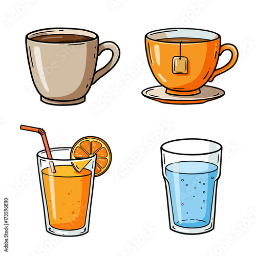 Collection of gluten-free breakfasts themed icons: coffee cup, tea cup, orange juice, water glass  