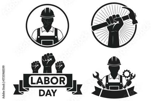Vector art of labor day icons set featuring worker, hammer, fist, and wrench, perfect for celebrating labor and industry, enhancing visual appeal and recognition
