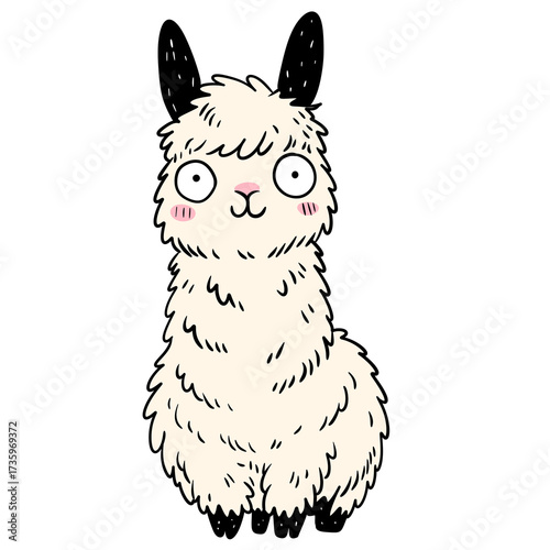 Cute llama with fuzzy fur and big eyes. Funny alpaca or lama animal character on transparent background for kids design.