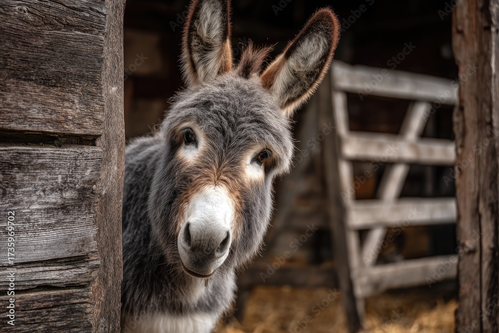 Fototapeta premium Donkey peeks through rustic wooden barn