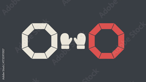 A graphic of two octagons and two boxing gloves on a dark gray background in a simple and flat style