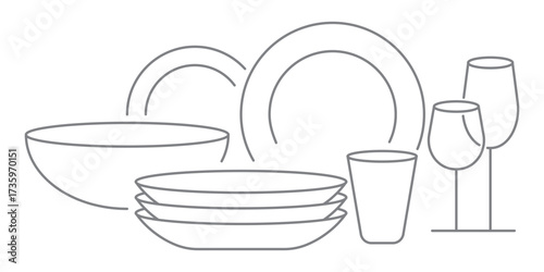 Dishes and glasses vector illustration in thin line style isolated on transparent background. Tableware outline icons set with plates and glassware. Editable Stroke.