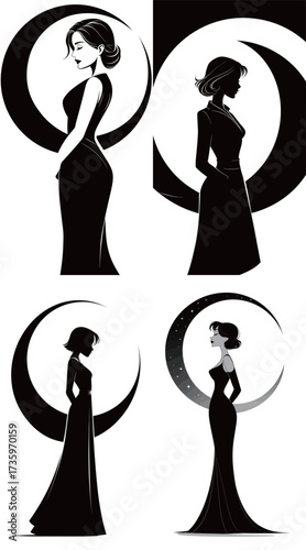 Four graceful figures are depicted in elegant dresses with different silhouettes. They stand against a striking crescent moon backdrop, highlighting their beauty and poise.