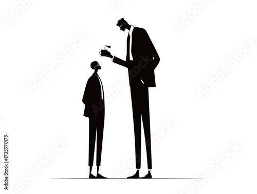 Wallpaper Mural Two characters stand facing each other in a simple black and white illustration. The tall man hands a small plant to the shorter man, suggesting a moment of kindness. Torontodigital.ca