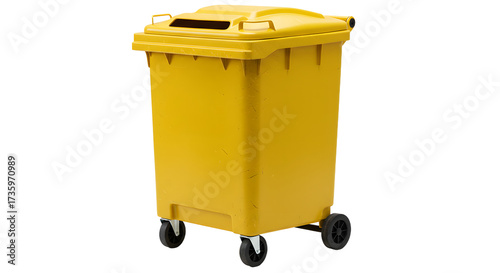 Yellow plastic waste bin with wheels isolated on white background for industrial and commercial use
