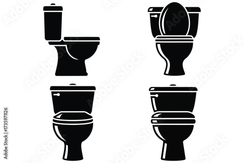 Vector art of four toilet bowl silhouettes showcasing different perspectives, including side and front views, ideal for bathroom design or plumbing illustrations