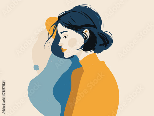 A modern illustration features a woman with dark hair in profile. She wears a bright yellow top, with blue accents in the background, creating a stylish and artistic vibe.