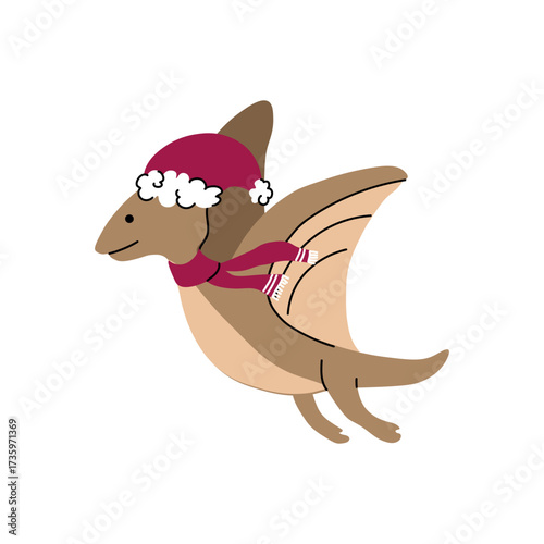 Cute Flying Dinosaur in Santa Hat and Scarf for Christmas