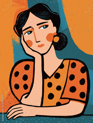 A woman rests her chin on her hand, gazing thoughtfully. She wears a polka dot blouse and is surrounded by vibrant colors, creating a reflective mood.