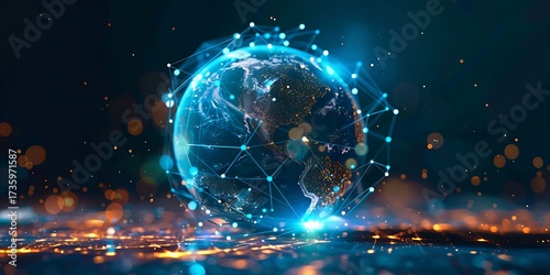 Digital globe with glowing network connections symbolizing global connectivity and technology.