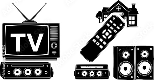 Vintage home entertainment icons featuring tv, remote, and speakers