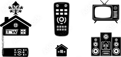 Vintage home entertainment icons featuring tv, remote, and speakers