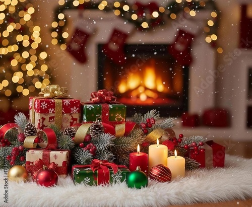 Christmas presents with burning candles against a warm fireplace and falling snow