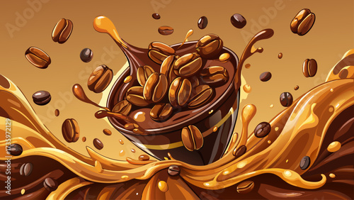 Very beautiful close up Roasted Coffee Beans Cascading with Rich Chocolate Liquid in a Dynamic and Appetizing Display