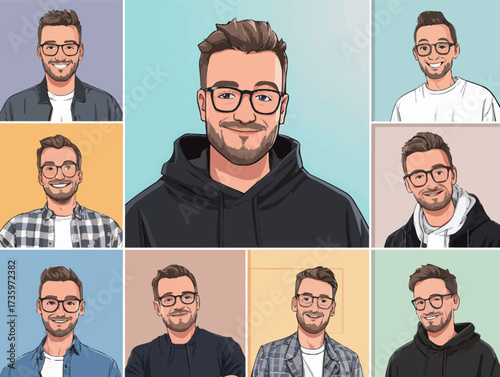 Collection of nine portraits featuring a young man with glasses. He displays various expressions and outfits against colorful backgrounds, highlighting his personality.